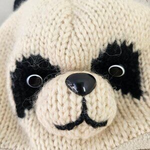 DeLux Nepalese Hand Knit Panda Bear Beanie Kids M/L Ear Flaps White Wool Vintage